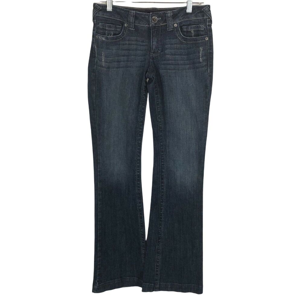 Refuge Distressed Flare Jeans Embroidered Pockets Blue Size 5L